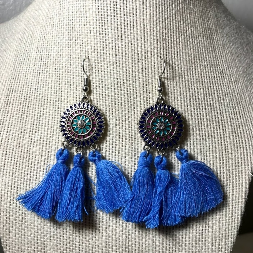 Blue shield & tassel earrings 1261